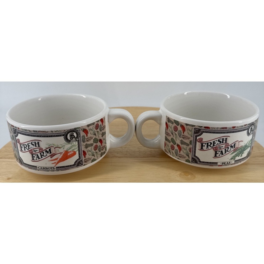Soup Mugs w/Handles 12oz Set of 2 Farm Fresh Stackable Houston Harvest Bowls VTG